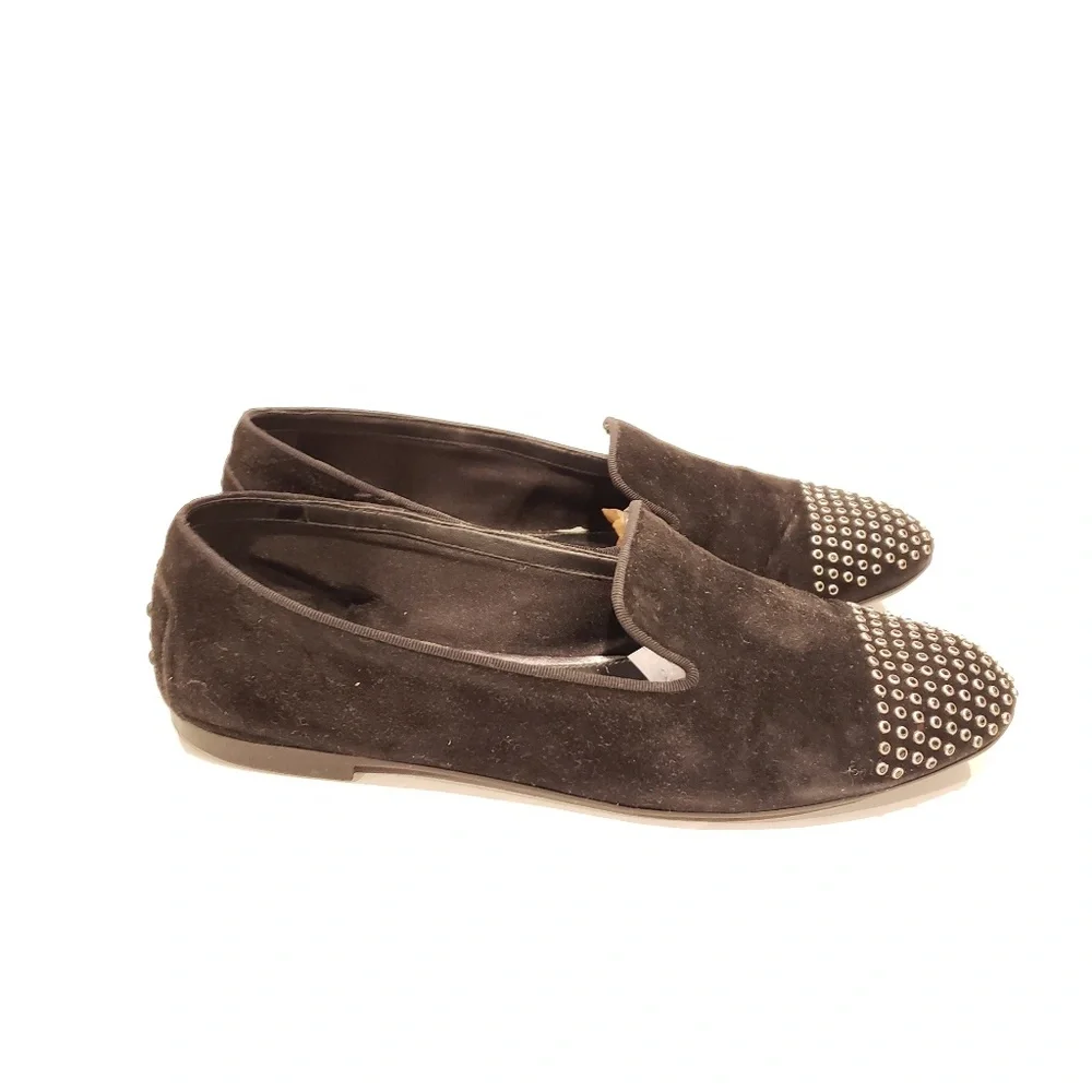 Tod's women's shoes flats Black Suede Studded Smoking Slippers Size 39 silver - Picture 3 of 7